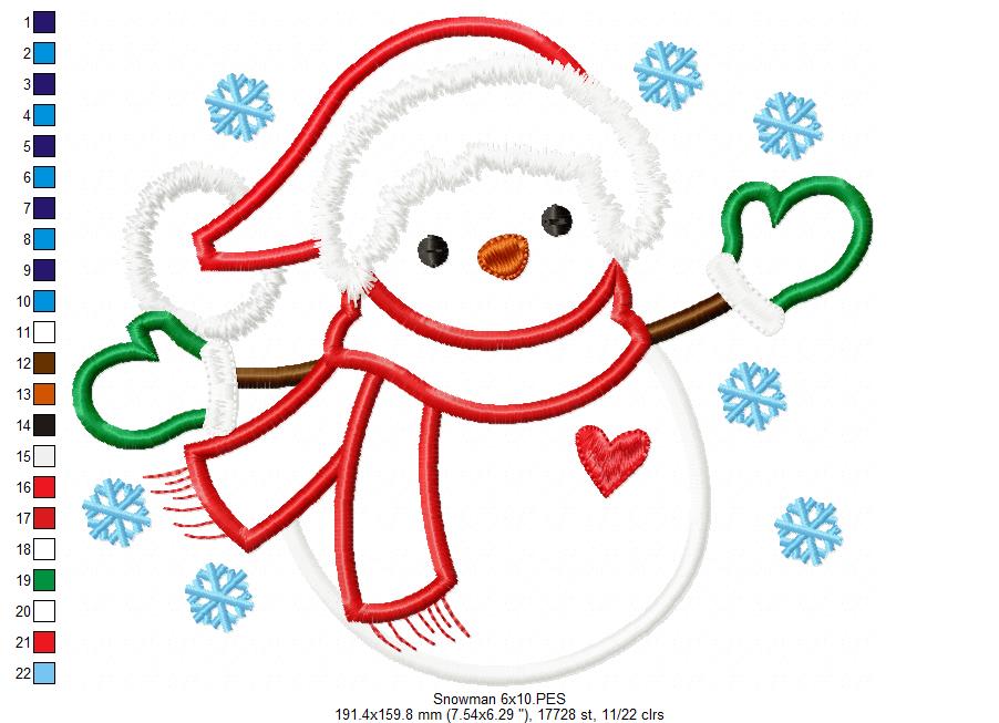 Snowman and Snowflakes - Applique - Machine Embroidery Design