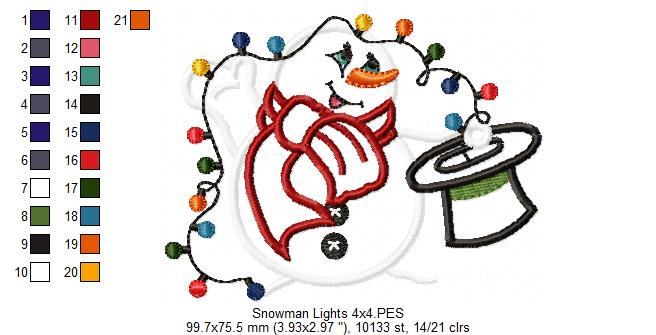 Magician Snowman and Christmas Lights - Applique Machine Embroidery Design