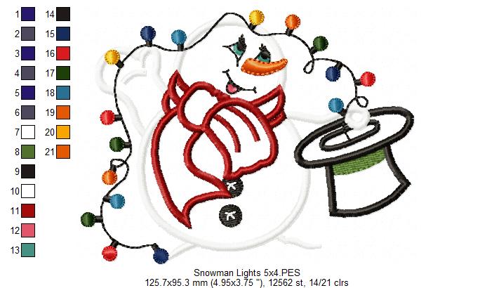 Magician Snowman and Christmas Lights - Applique Machine Embroidery Design