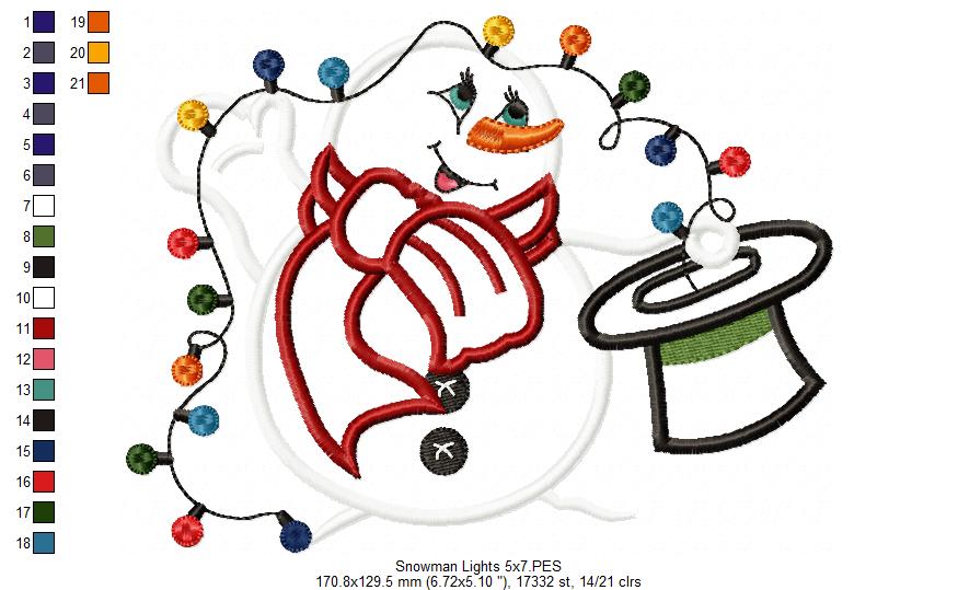 Magician Snowman and Christmas Lights - Applique Machine Embroidery Design