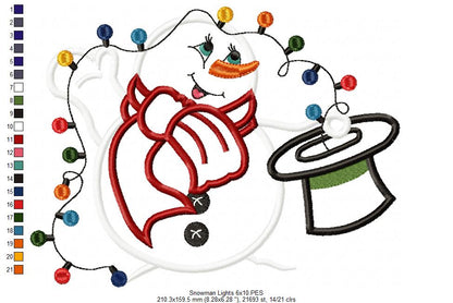 Magician Snowman and Christmas Lights - Applique Machine Embroidery Design