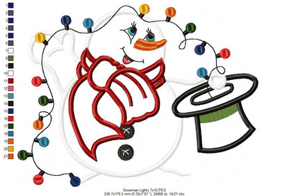 Magician Snowman and Christmas Lights - Applique Machine Embroidery Design