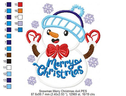 Snowman Merry Christmas - Applique Embroidery