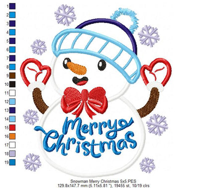 Snowman Merry Christmas - Applique Embroidery