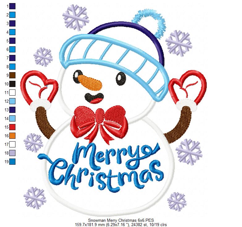 Snowman Merry Christmas - Applique Embroidery