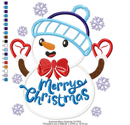 Snowman Merry Christmas - Applique Embroidery