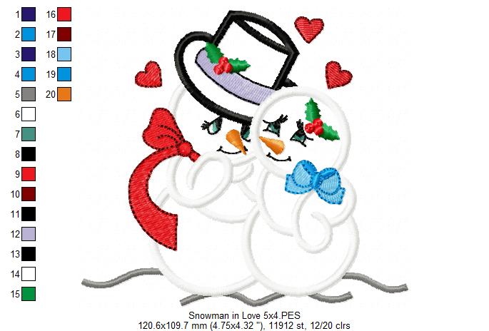 Snowman in Love - Applique - Machine Embroidery Design