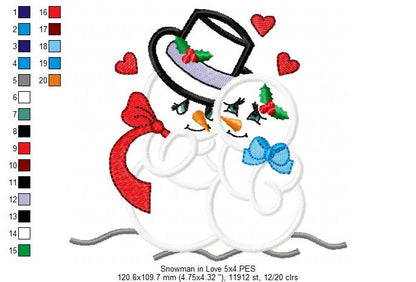 Snowman in Love - Applique - Machine Embroidery Design