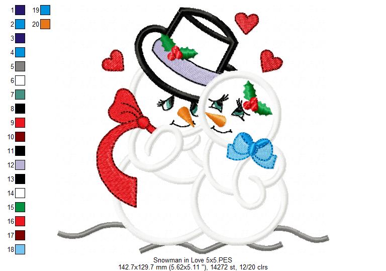 Snowman in Love - Applique - Machine Embroidery Design