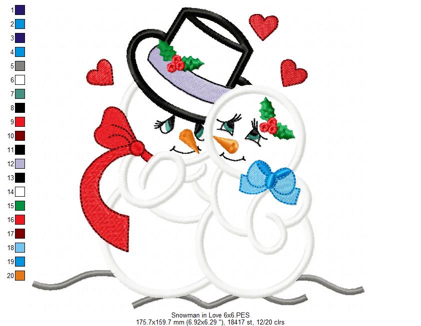 Snowman in Love - Applique - Machine Embroidery Design
