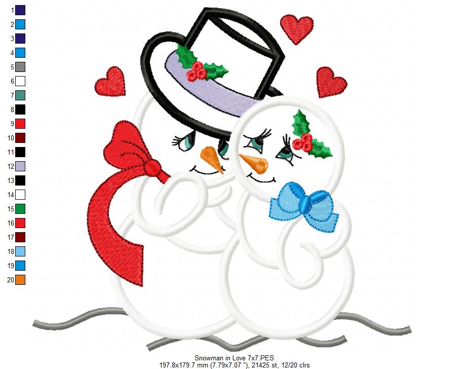 Snowman in Love - Applique - Machine Embroidery Design