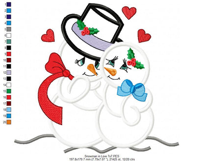 Snowman in Love - Applique - Machine Embroidery Design