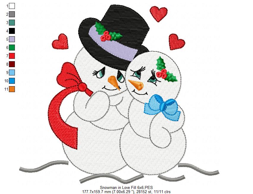 Snowman in Love - Fill Stitch Embroidery
