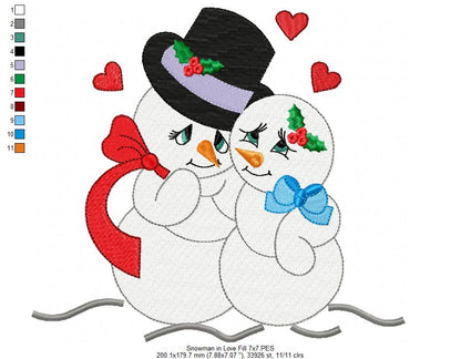 Snowman in Love - Fill Stitch Embroidery