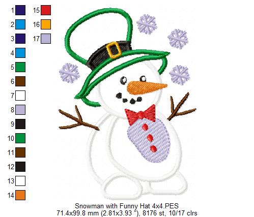 Snowman with Funny Hat - Applique - Machine Embroidery Design