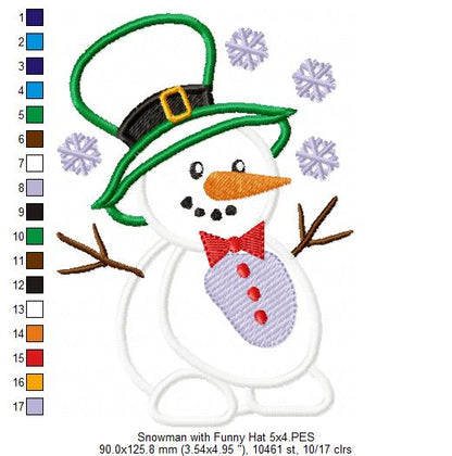 Snowman with Funny Hat - Applique - Machine Embroidery Design