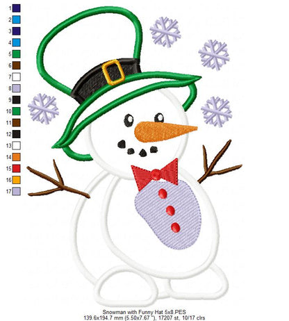 Snowman with Funny Hat - Applique - Machine Embroidery Design