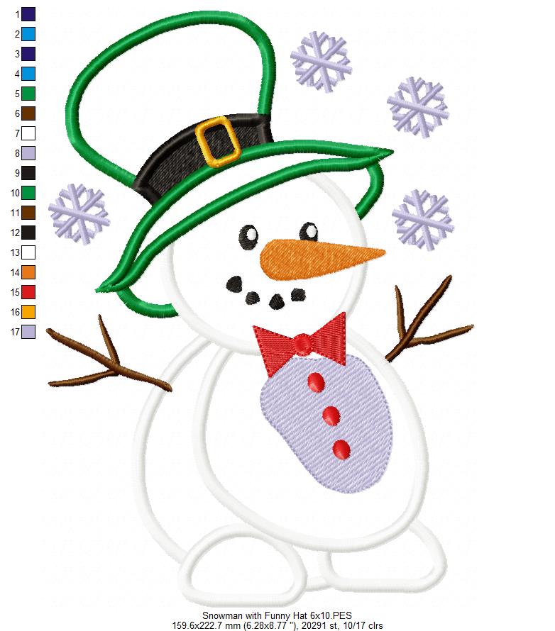 Snowman with Funny Hat - Applique - Machine Embroidery Design
