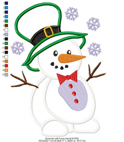 Snowman with Funny Hat - Applique - Machine Embroidery Design