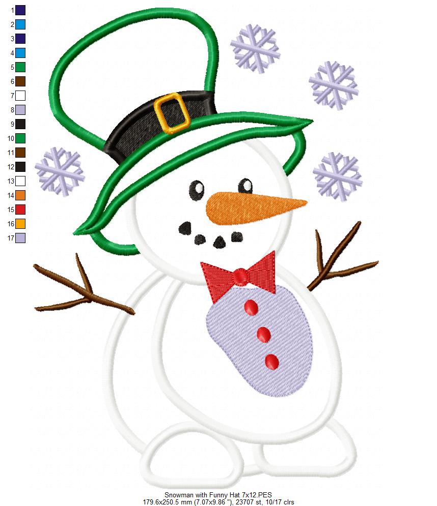 Snowman with Funny Hat - Applique - Machine Embroidery Design