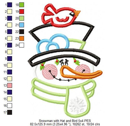 Snowman with Hat and Bird - Applique