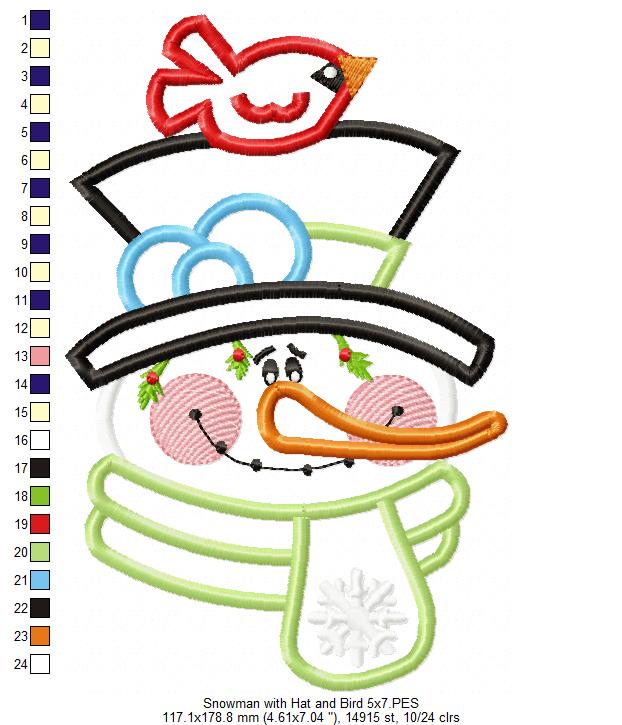 Snowman with Hat and Bird - Applique