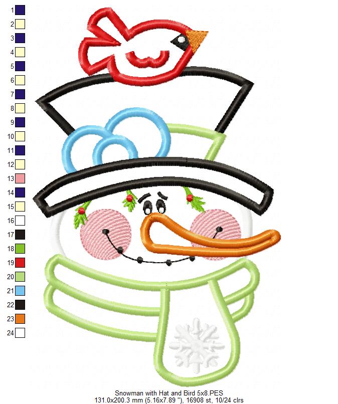 Snowman with Hat and Bird - Applique
