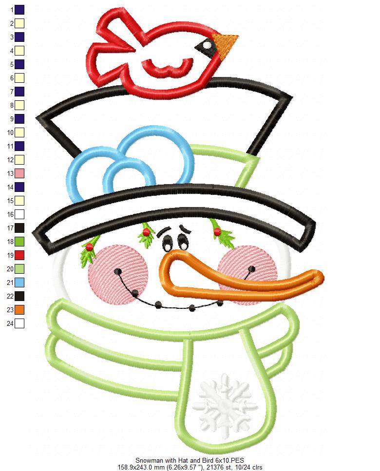 Snowman with Hat and Bird - Applique