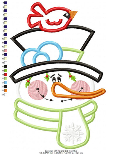 Snowman with Hat and Bird - Applique