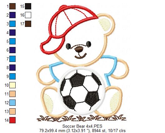 Teddy Bear Smiling and Soccer Ball - Applique Embroidery