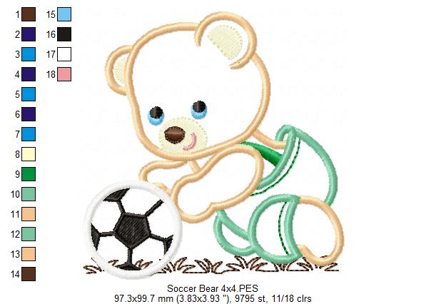 Teddy Bear and Soccer Ball - Applique - Machine Embroidery Design