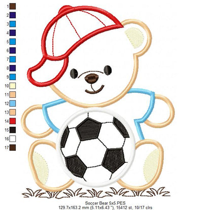 Teddy Bear Smiling and Soccer Ball - Applique Embroidery