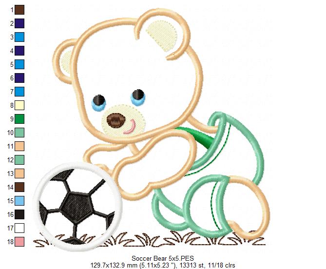 Teddy Bear and Soccer Ball - Applique - Machine Embroidery Design