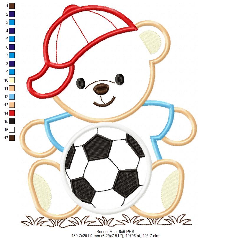 Teddy Bear Smiling and Soccer Ball - Applique Embroidery