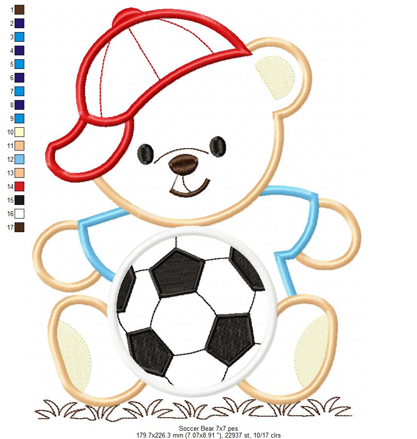 Teddy Bear Smiling and Soccer Ball - Applique Embroidery
