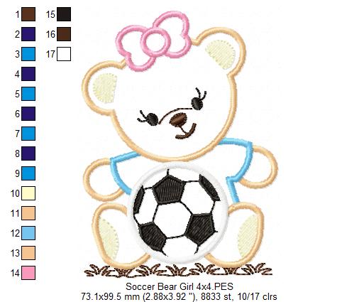Teddy Bear with Bow and Soccer Ball - Applique
