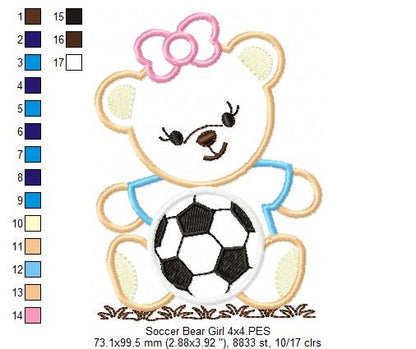 Teddy Bear with Bow and Soccer Ball - Applique