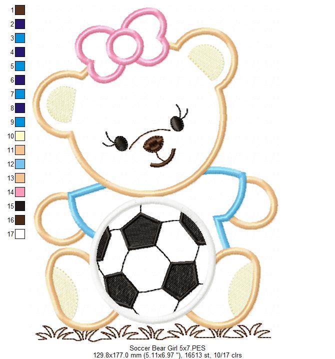Teddy Bear with Bow and Soccer Ball - Applique