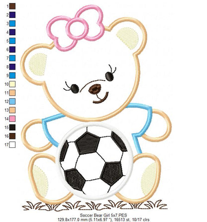 Teddy Bear with Bow and Soccer Ball - Applique