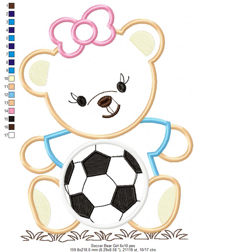 Teddy Bear with Bow and Soccer Ball - Applique