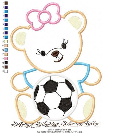 Teddy Bear with Bow and Soccer Ball - Applique