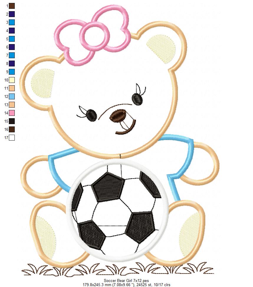 Teddy Bear with Bow and Soccer Ball - Applique