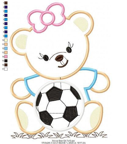 Teddy Bear with Bow and Soccer Ball - Applique