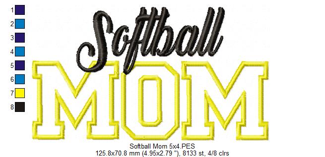 Softball Mom - Appliqué - Machine Embroidery Design