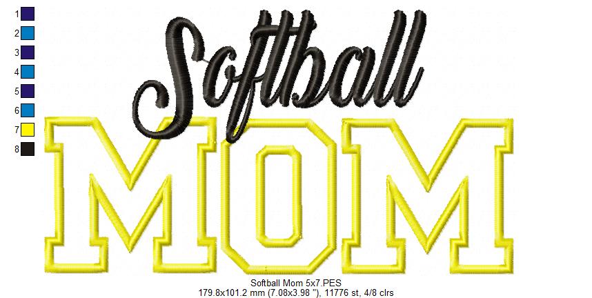 Softball Mom - Appliqué - Machine Embroidery Design