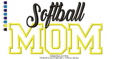 Softball Mom - Appliqué - Machine Embroidery Design