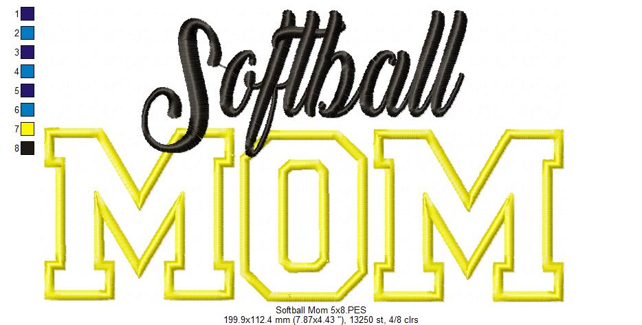 Softball Mom - Appliqué - Machine Embroidery Design