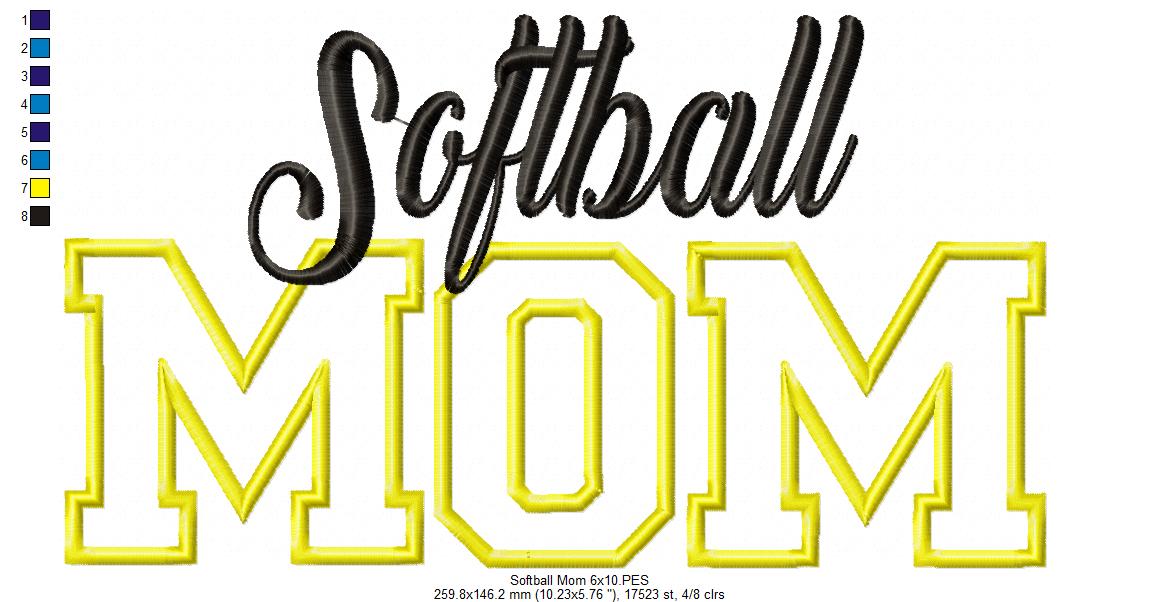 Softball Mom - Appliqué - Machine Embroidery Design
