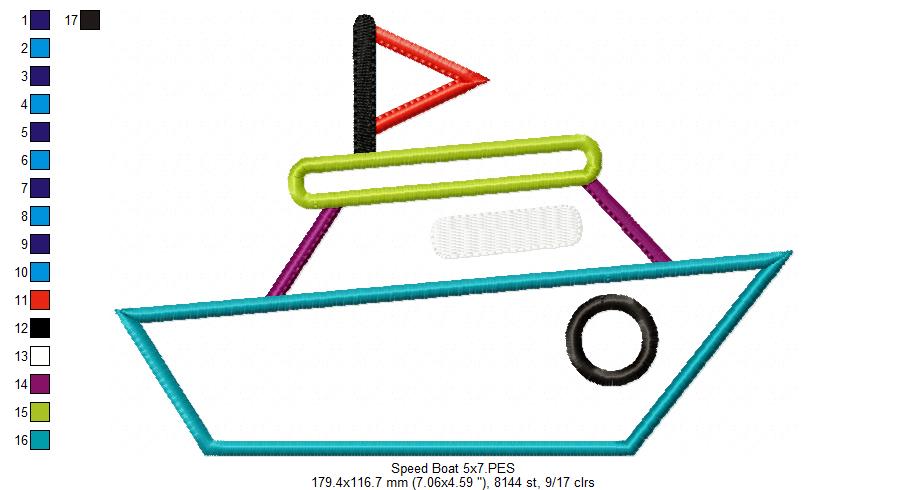Speed Boat – Appliqué – Machine Embroidery Design