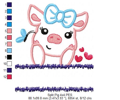 Split Pig Piglet Piggy - Applique - Machine Embroidery Design